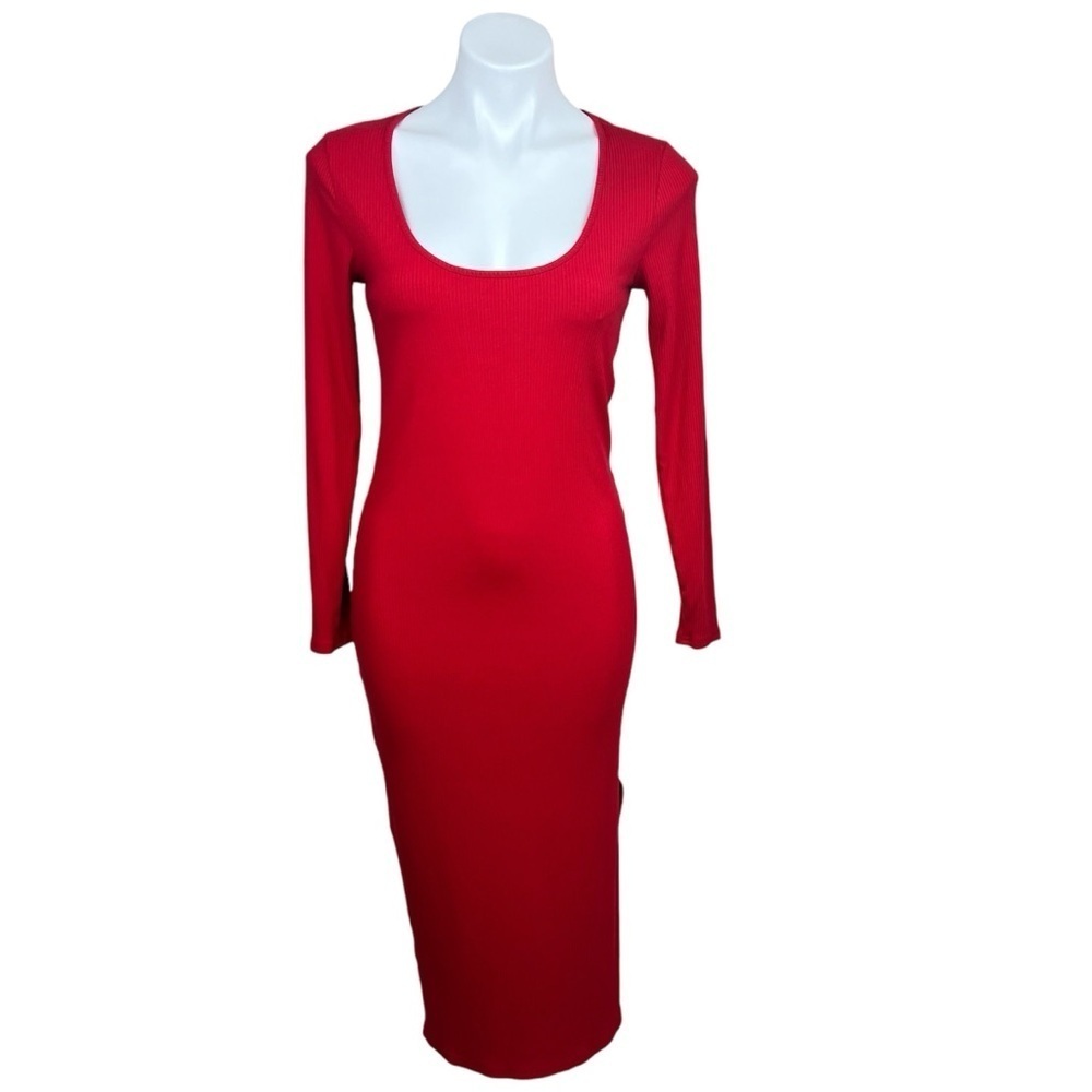 Banana Republic Ribbed-Knit Midi Dress Small Red Long Sleeves Bodycon Holiday